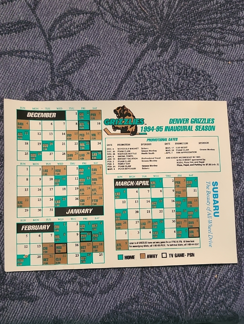 Denver Grizzlies' Inagural Season Schedule Magnet
